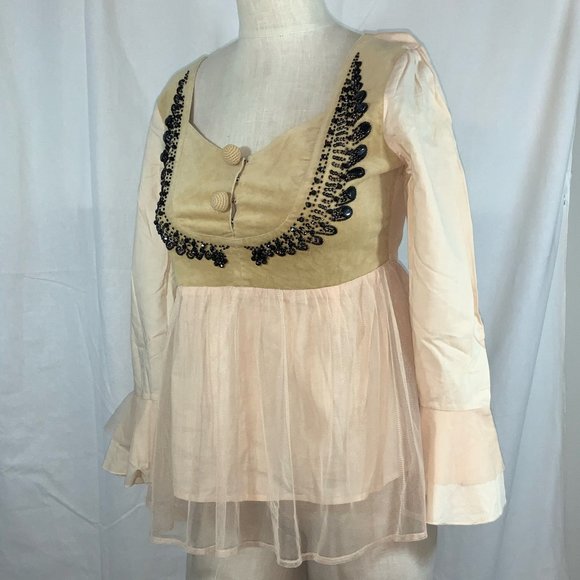 Hippy Indy Babydoll Top XS Beading Velvet Mesh Detail - Picture 1 of 3